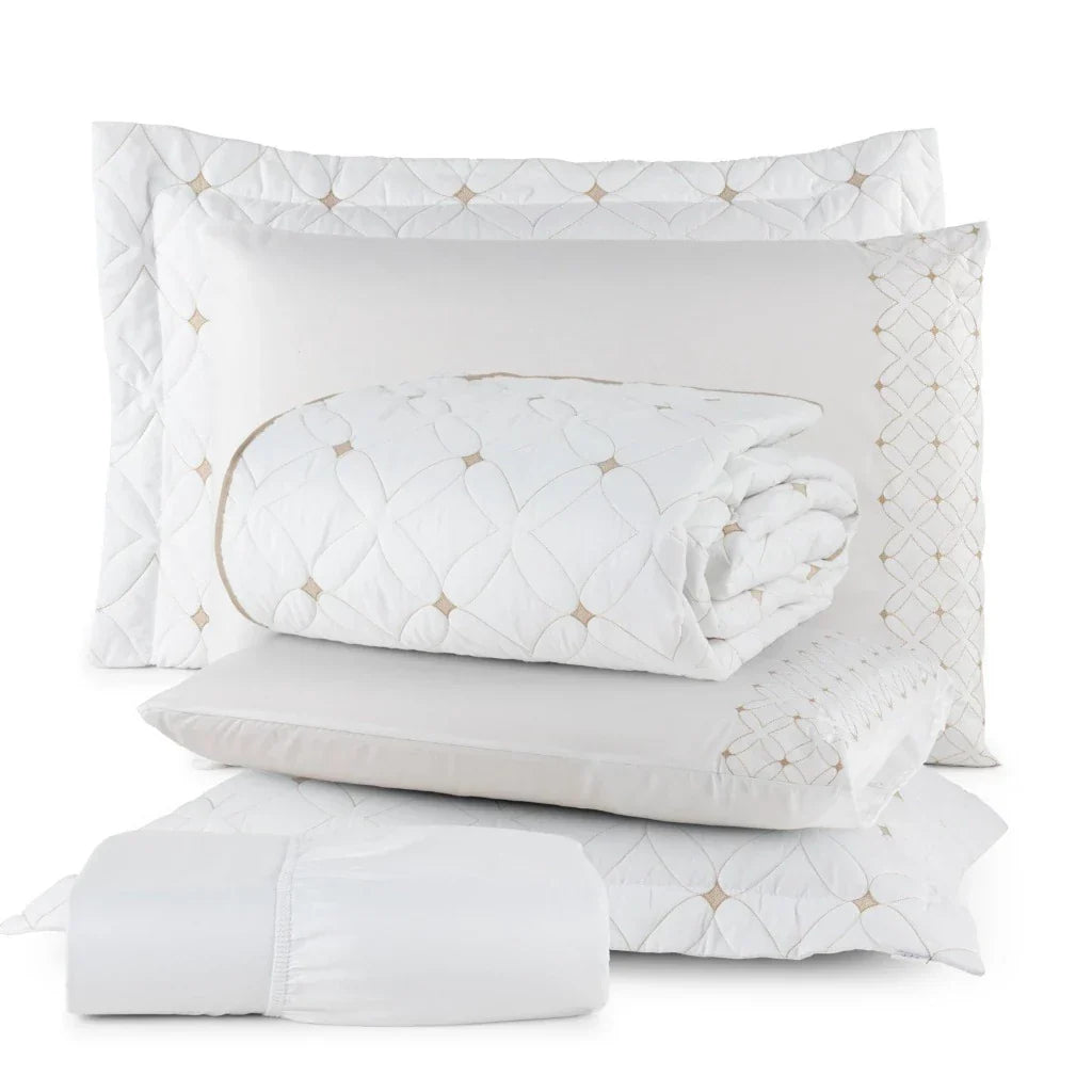 Conjunto de 6 Peças para Casal com Bordado - Cobre Leito e Lençol Ideale 200 Fios
