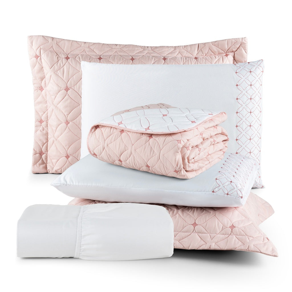Conjunto de 6 Peças para Casal com Bordado - Cobre Leito e Lençol Ideale 200 Fios